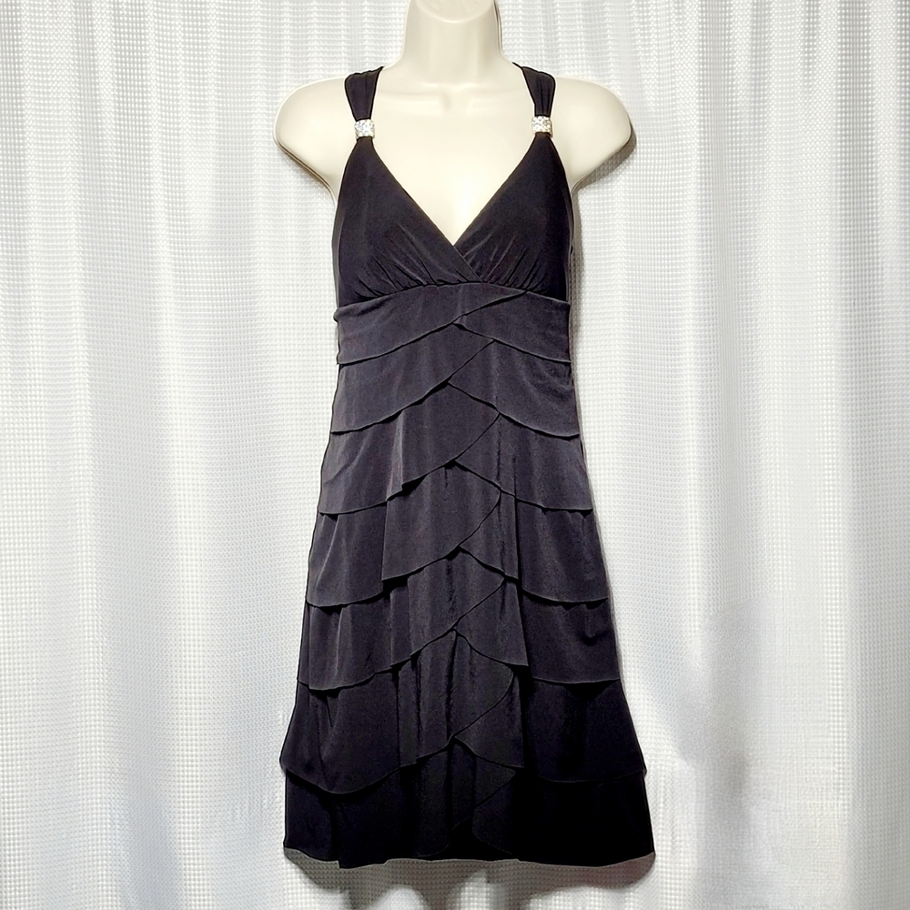 VTG La Belle Black Sleeveless Layered Mini Dress with Rhinestone Accent (L)